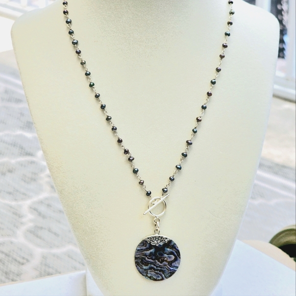 925 Silver Abalone and Pearl Station Necklace - Picture 5 of 15